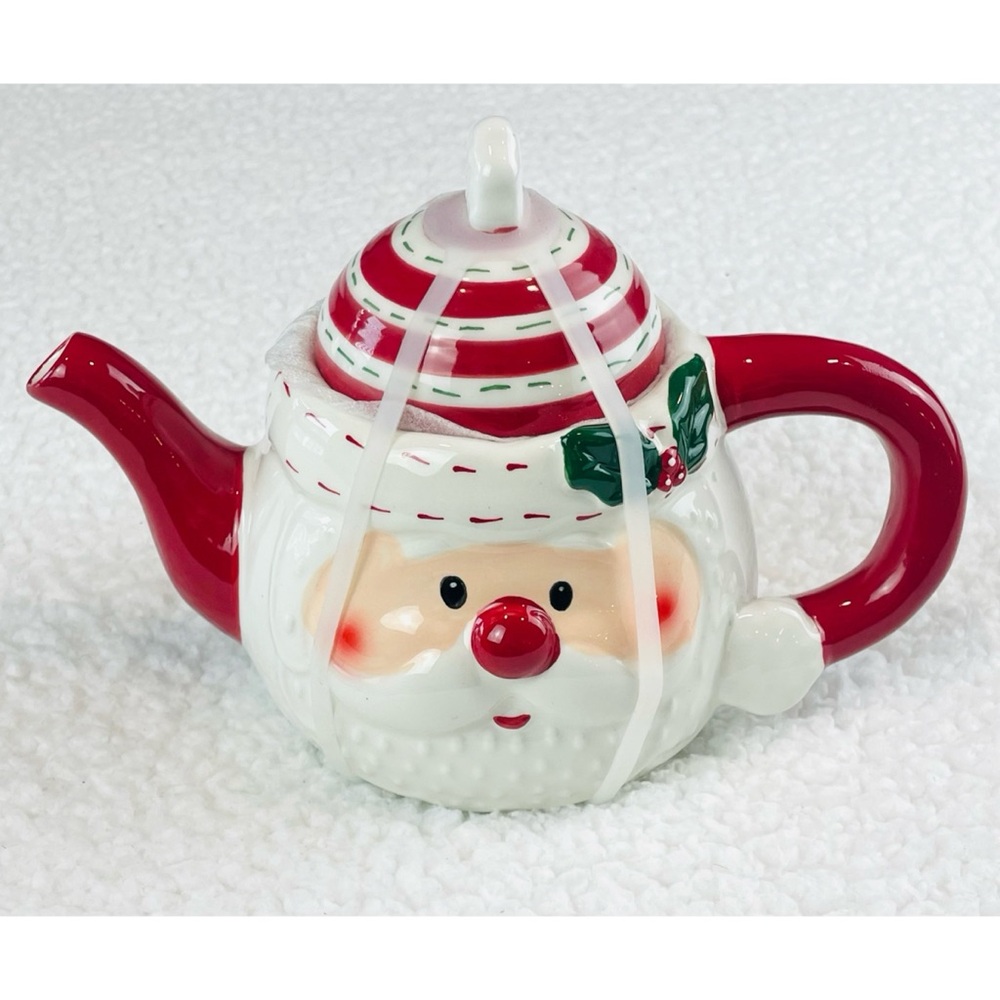 (NWT) HOLLY & MOSS • Red/White Christmas Holiday Santa Claus Teapot - Picture 2 of 13